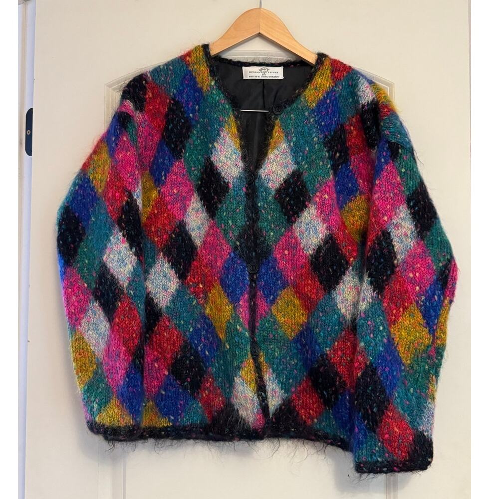 Vintage 90s Mohair Cardigan L Colorful Argyle Grunge Fuzzy Oversized Sweater